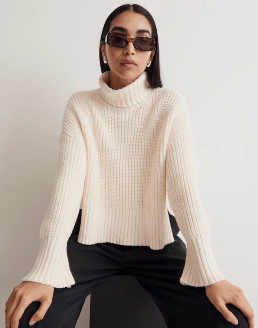 Preppy Knit Madewell Cotton Blend Antique Cream Wide Rib Turtleneck Sweater